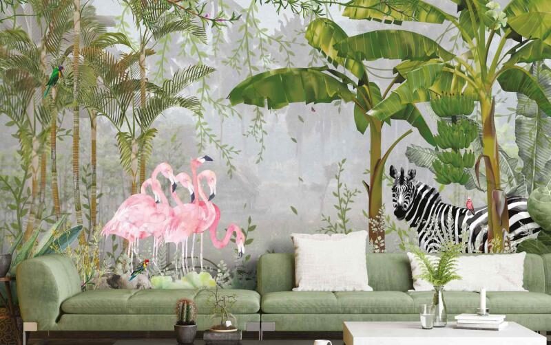 Flamingo ve Zebra Tasarım Duvar Kağıdı